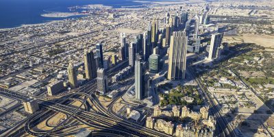 Aerial view of Dubai city from the top of a tower.